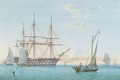 A Royal Naval two-decker lying in Spithead with small craft nearby - William Joy
