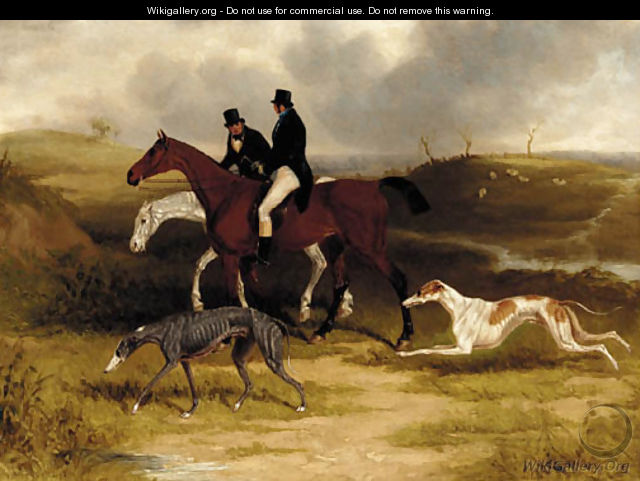 Two gentlemen on hunters with greyhounds in a landscape - William Joseph Shayer