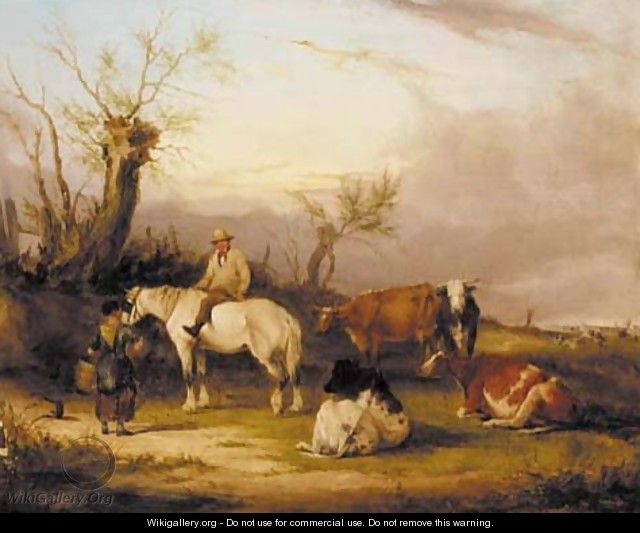 A man on a horse talking to a milkmaid by some cattle - William Joseph Shayer