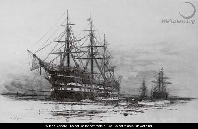 A warship, thought to be H.M.S. Victory, lying at anchor - William Lionel Wyllie