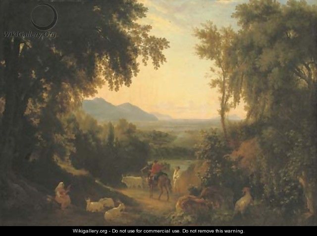 An Italianate landscape, with peasants and livestock in the foreground - William Linton