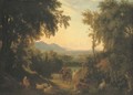 An Italianate landscape, with peasants and livestock in the foreground - William Linton