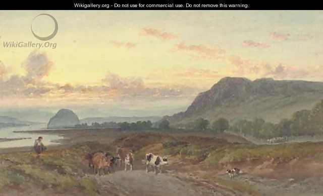 A drover with his cattle by the Clyde, Dumbarton Rock beyond - William Leighton Leitch