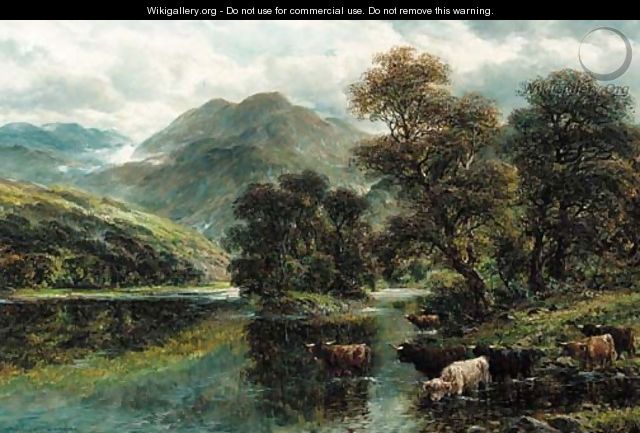 Highland cattle watering in a mountainous landscape - William Langley