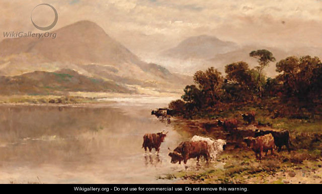 Highland Cattle Watering In A Loch Landscape - William Langley