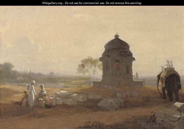 Indian landscape with a monument, figures and an elephant in the foreground - William Frederick Witherington