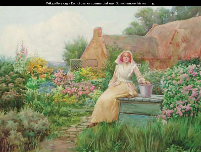 Young lady seated in a cottage garden - William F. Ashburner