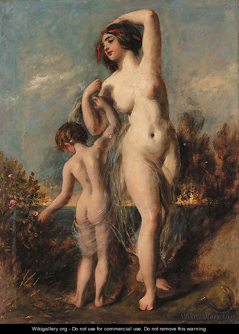 A woman and child in a lake landscape - William Etty