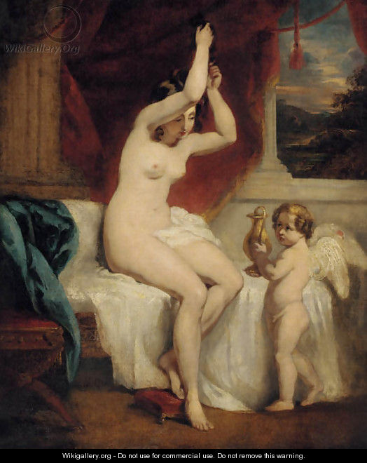 A seated female nude with a cherub holding a gold water jug, in an interior with a landscape beyond - William Etty