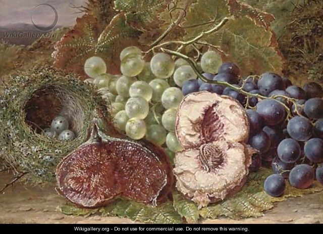 Grapes, a fig, peach and bird