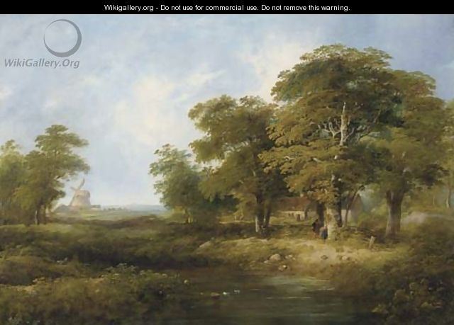 Figures by a cottage in a wooded landscape, a windmill beyond - William Henry Crome