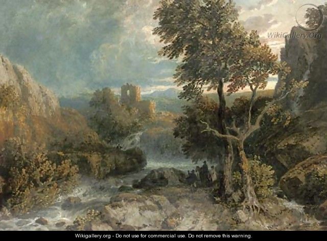 Travellers beside a river before castle ruins at dusk - William Havell
