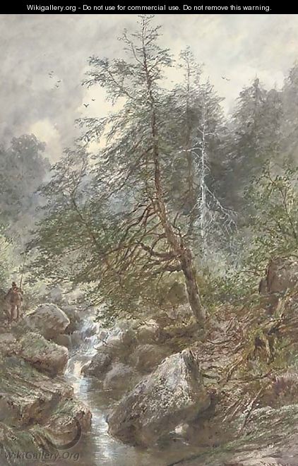 An angler by a waterfall - William Henry Pike