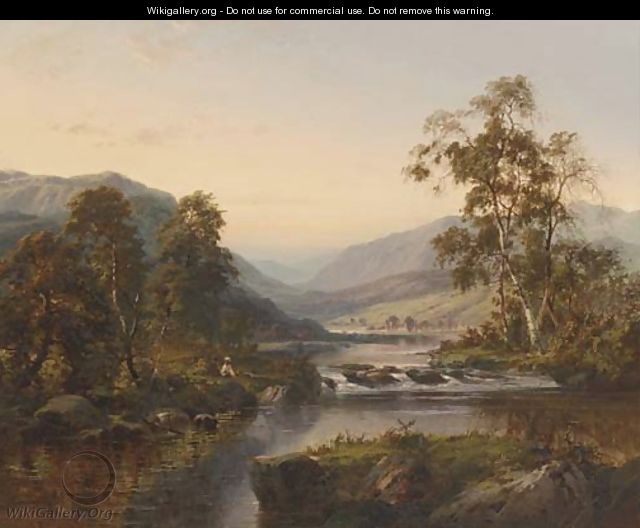 Figures by a river in a mountainous landscape - William Henry Mander