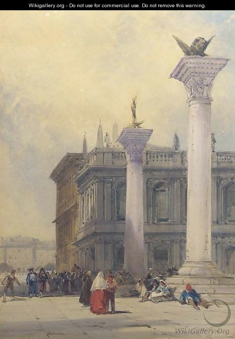 Venetian figures gathered around the columns at San Marco square, Venice - William Callow