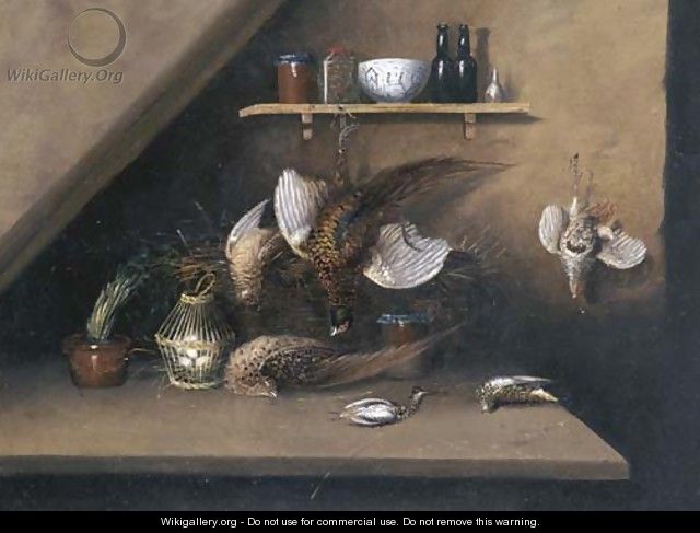 Still Life with dead Game and Bottles and Jars on Shelf - William Buelow Gould