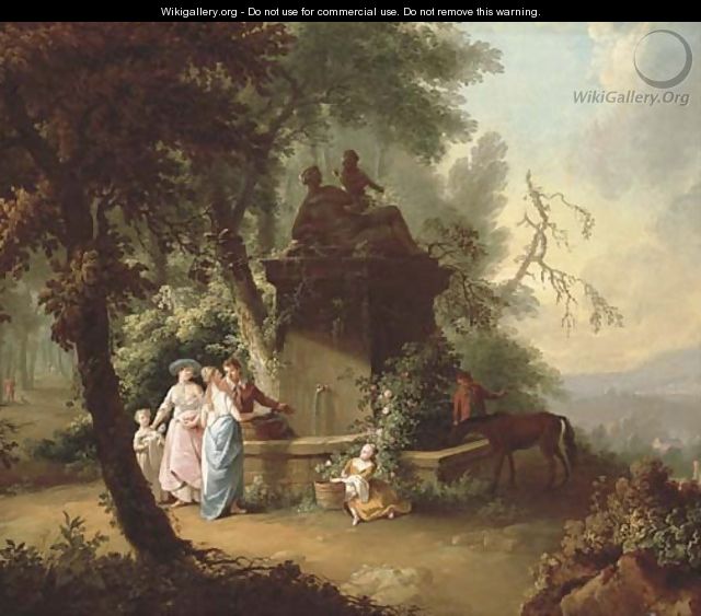 An extensive landscape with elegant company by a fountain in a wooded glade - William Delacour