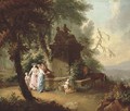 An extensive landscape with elegant company by a fountain in a wooded glade - William Delacour