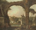 An architectural capriccio with Roman ruins and figures conversing in the foreground - William Delacour