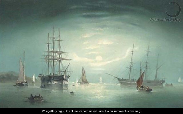 Merchant vessels anchored offshore in the moonlight - William Daniel Penny