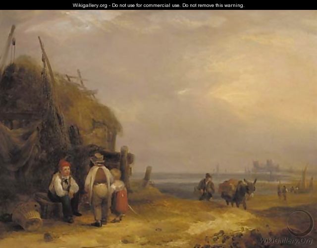 Figures conversing by a fisherman