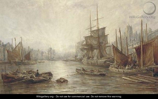 Fishing boats in the harbour at Dordrecht, sunset - William Edward Webb