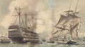 H.M.S. Victory saluting a Royal Navy brig being towed past the old flagship's permanent mooring into Portsmouth harbour - William Edward Atkins