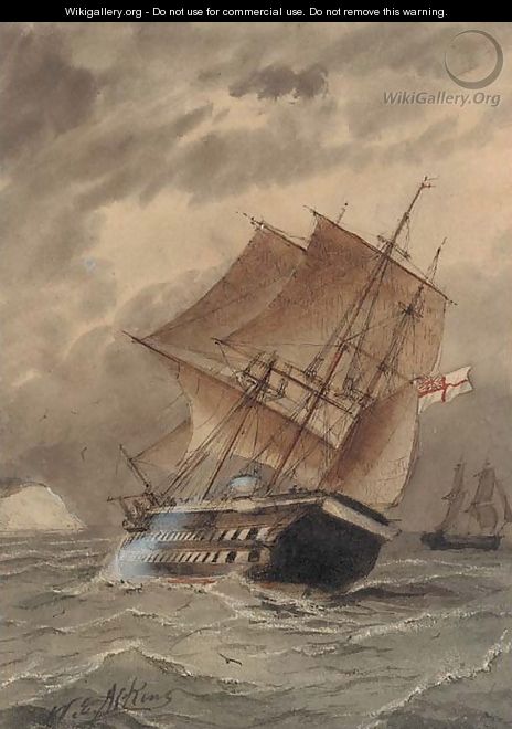 A Royal Naval two-decker heeling in the breeze - William Edward Atkins