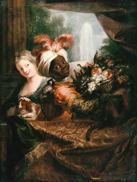 Young Black Man Holding a Basket of Fruit and a Young Girl Stroking a Dog - Charles-Antoine Coypel