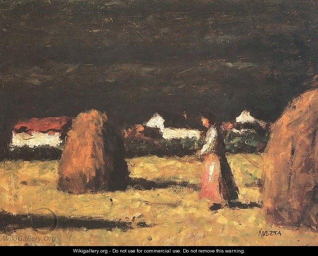 Farmstead with Haystacks and Woman in Pink Apron 1930s - Jeno Remsey