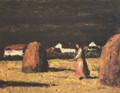 Farmstead with Haystacks and Woman in Pink Apron 1930s - Jeno Remsey