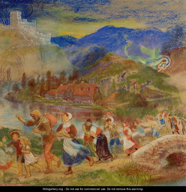 Villagers fleeing from a dragon - Arthur Hughes