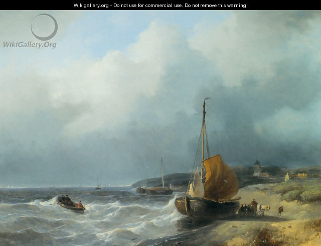 Fisherfolk by a Beached Bomschuit - Andreas Schelfhout