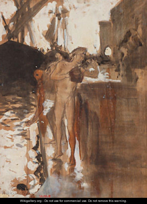 The Balcony Spain and Two Nude Bathers Standing on a Wharf - John Singer Sargent