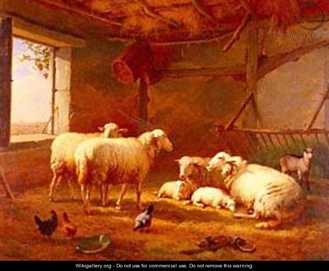 Sheep With Chickens And A Goat In a Barn - Eduard Veith