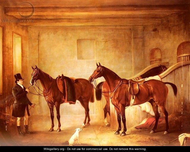 Sir John Thorolds Bay Hunters With Their Groom In A Stable - John Jnr. Ferneley