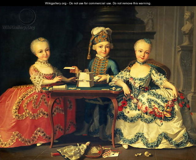 A boy and two girls building a house of cards with other games by the table - Francois-Hubert Drouais