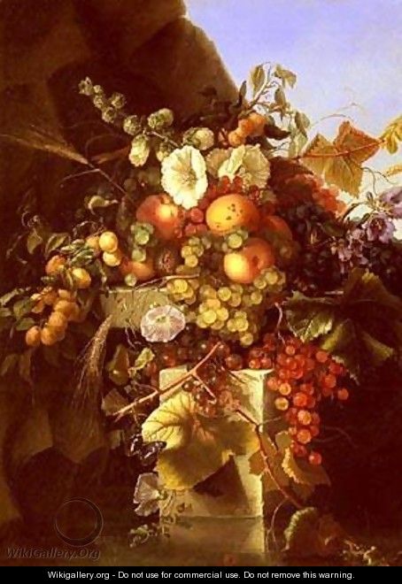Still Life With Grapes Peaches and Flowers - Adelheid Dietrich