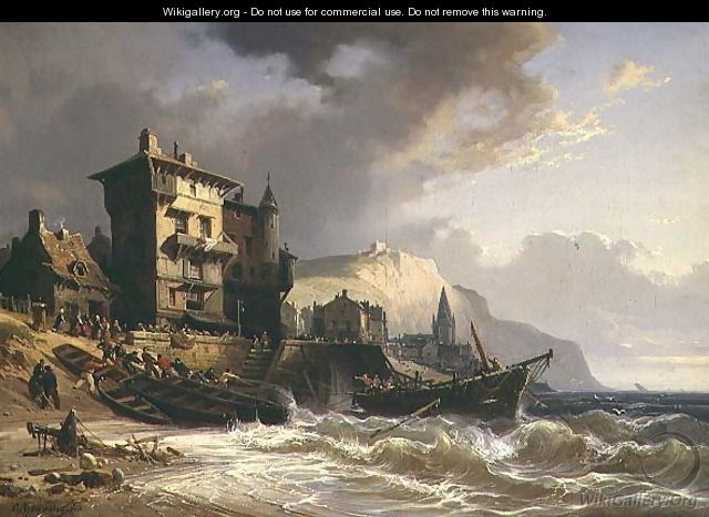 Hauling the Boats ashore on the Coast of Brittany - Charles Euphraisie Kuwasseg