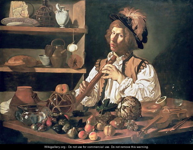 Interior with a Still Life and a Young Man Holding a Recorder - Cecco Del Caravaggio