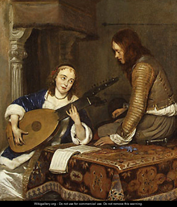 A Woman Playing the Theorbo Lute and a Cavalier ca 1658 - Gerard Ter Borch