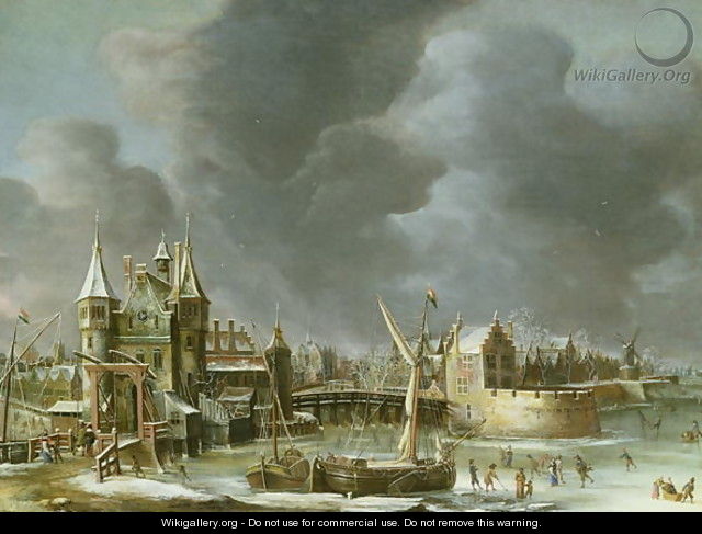 A View of the Regulierspoort Amsterdam in winter - Jan Abrahamsz. Beerstraten