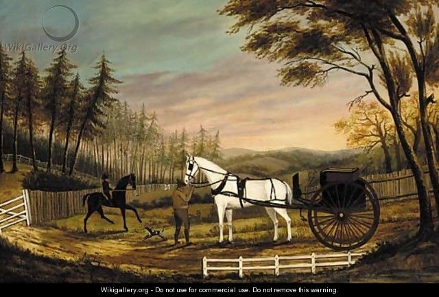 A gentleman with a horse and gig in a landscape - American School