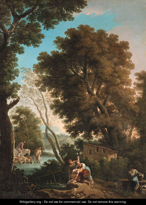 An arcadian landscape with washerwomen, a shepherd and sheperdess crossing a stream beyond - Andrea Locatelli