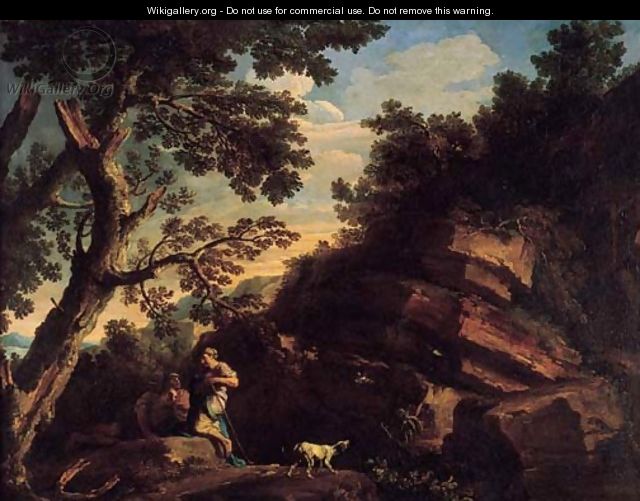 A rocky river landcsape with figures conversing beneath a tree and a dog barking at flying birds - Andrea Locatelli