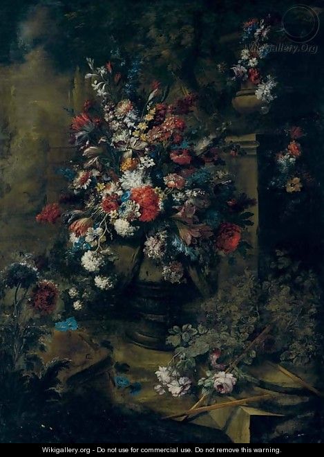Roses, tulips, hydrangea and other flowers in an urn, a second urn on a pedestal, a landscape beyond - Andrea Belvedere