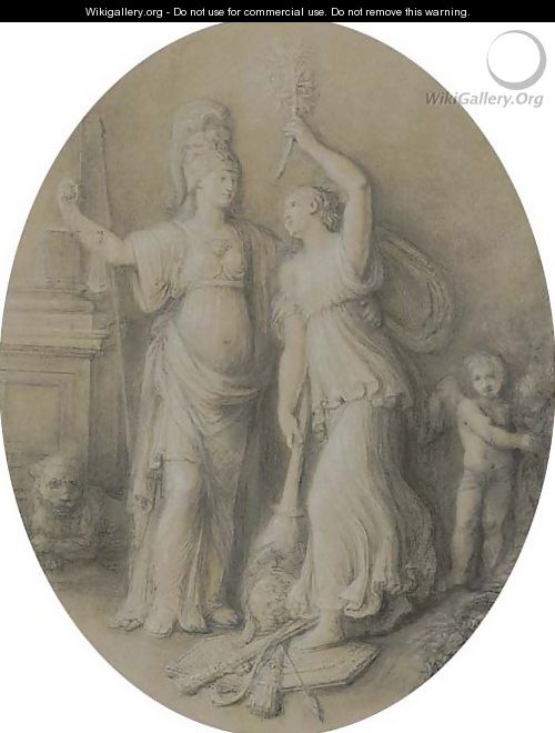 An allegory of Peace setting fire to a military trophy, with an allegory of Justice and a putto - Andrea, the Elder Appiani