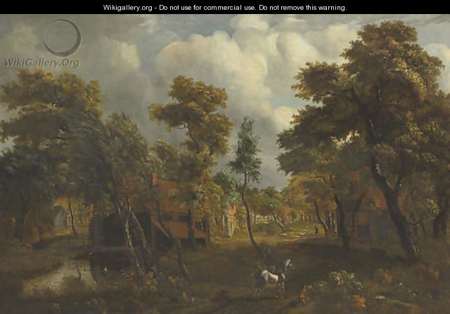 A wooded river landscape with travelers on a path - (after) Meindert Hobbema
