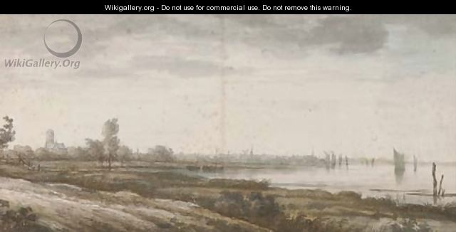 A distant view of Dordrecht along the Merwede River - (after) Aelbert Cuyp