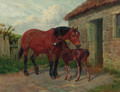 A mare and foal by a stable - Amos Watmough